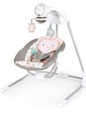 Baby Swing Gray Pink Rotating Seat 5 Speeds 20 Melodies